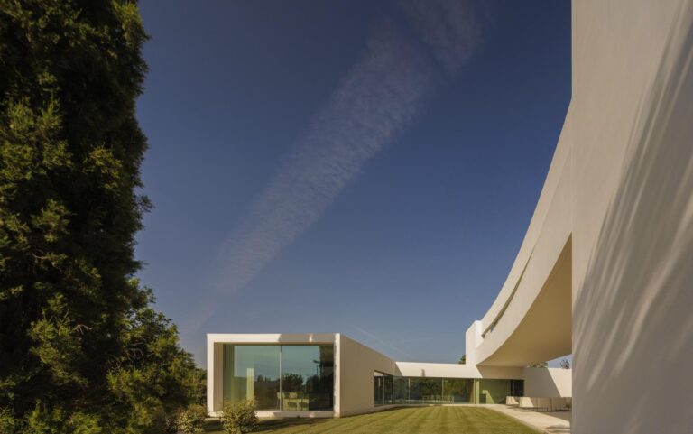 Villa Lago, La Moraleja: il corpo curvo si staglia contro il cielo, accanto a un cipresso