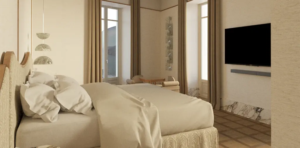 Rendering di una camera Prestige di Palazzo Genazzini, toni neutri e marmo