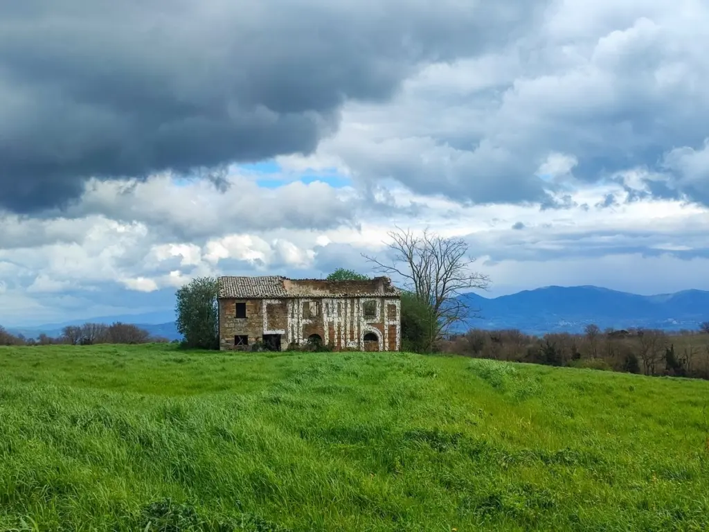 Una cascina abbandonata in un campo, prima di un recupero