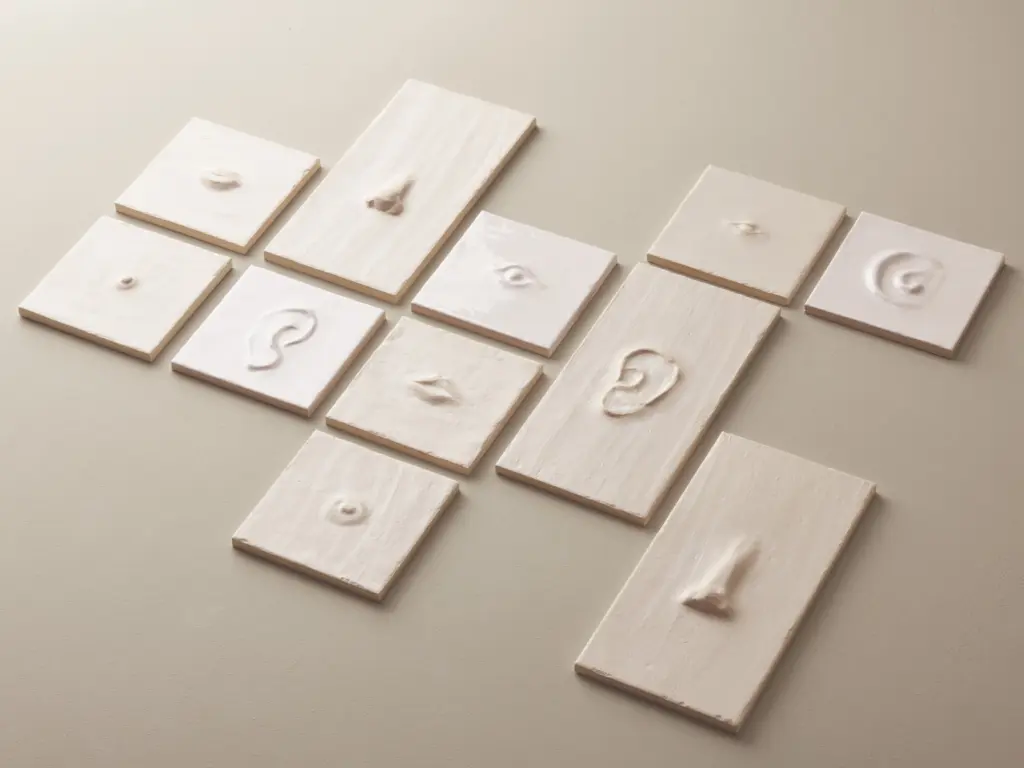 Mattonelle in rilievo a forma di occhi, orecchie, nasi e bocche della collezione Faces and Figures