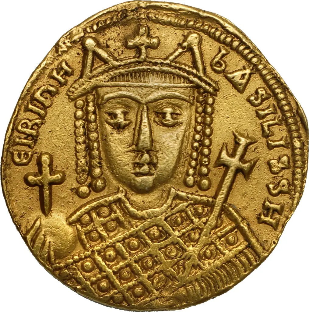 Solido d'oro bizantino con il busto dell'imperatrice Irene coronata
