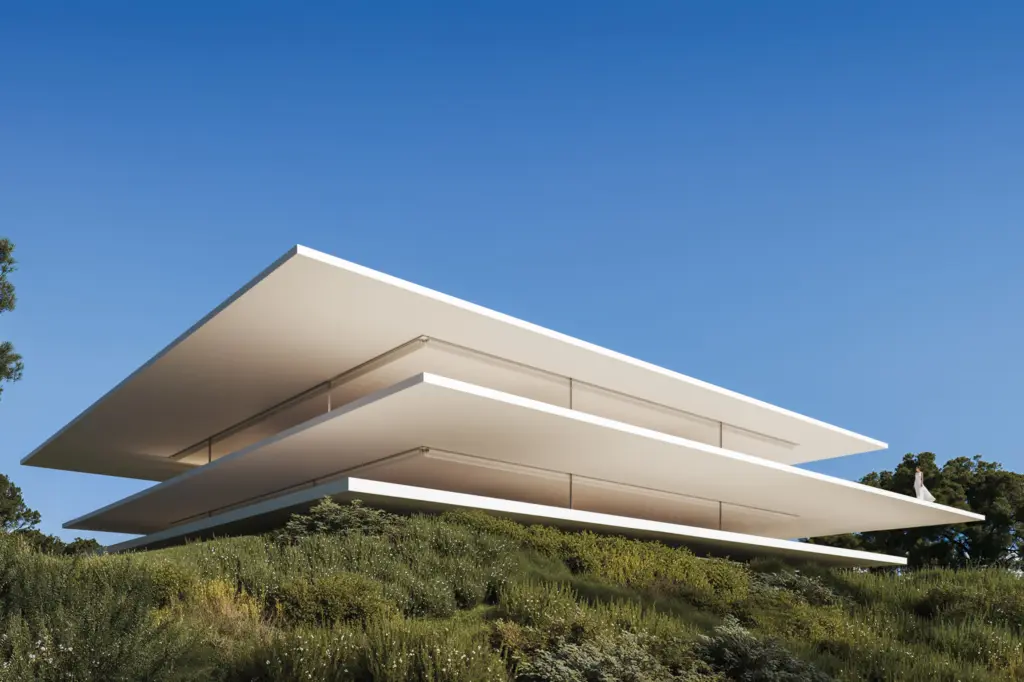 La residenza Strato di Fran Silvestre Arquitectos vista dal fianco della collina, a La Zagaleta